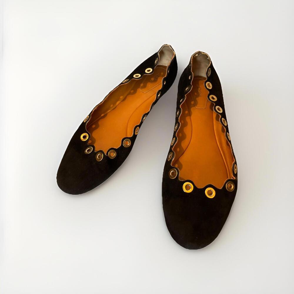 CHLOE LAUREN BALLET FLATS SIZE IT38.5/US8.5 BLACK SUEDE GOLD METAL GROMMET ITALY